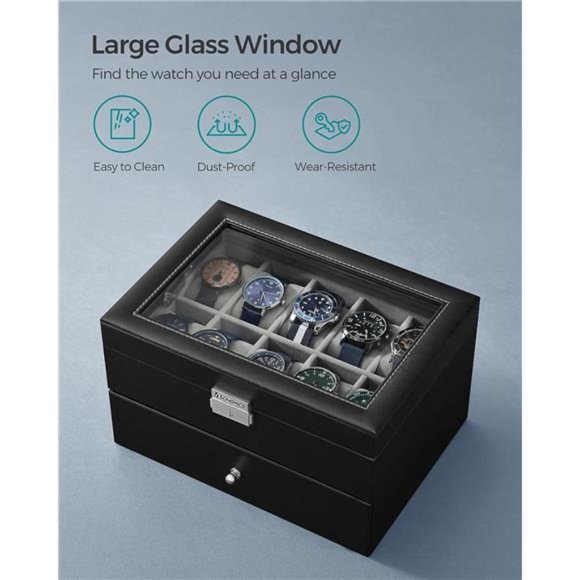 20-Slot Watch Box Watch Case with Glass Lid 2 Layers Lockable Watch Display Case - Picture 3 of 6